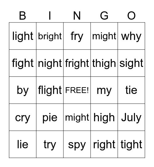 Long I Bingo (igh, y, ie) Bingo Card