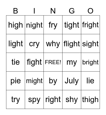 Long I Bingo (igh, y, ie) Bingo Card