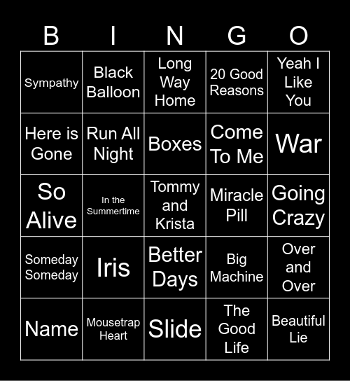 The Goo Goo Dolls + Thirsty Merc Bingo Card