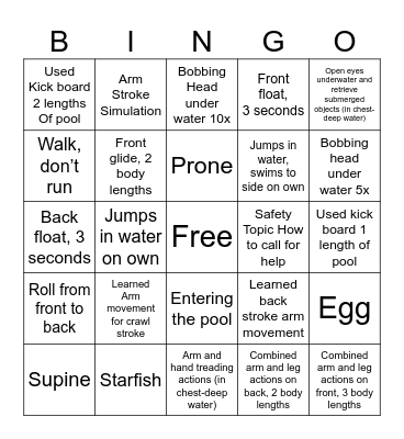 SWIMMING Bingo Card