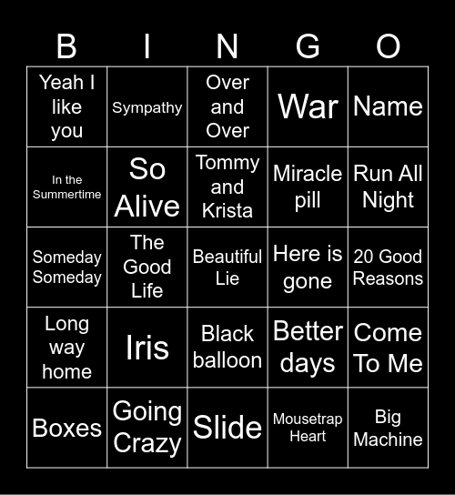 The Goo Goo Dolls + Thirsty Merc Bingo Card