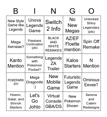 Griffin's Pokemon Presents Prediction Bingo Card