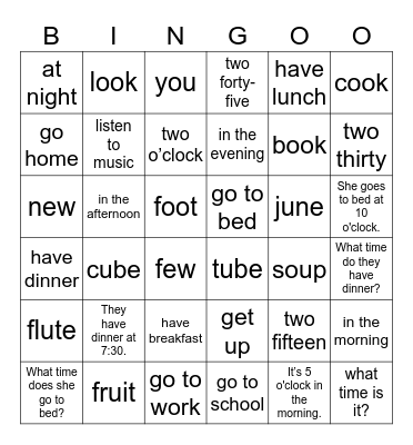 Unit 9: What time is it? Bingo Card