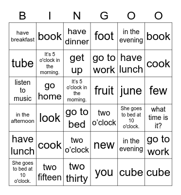 Unit 9: What time is it? Bingo Card