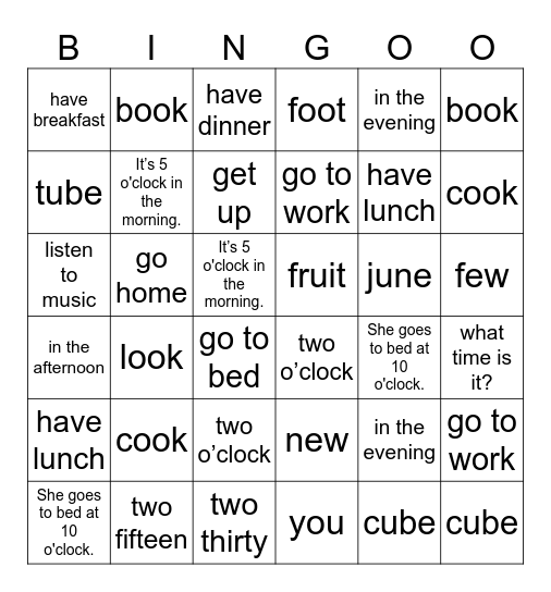 Unit 9: What time is it? Bingo Card