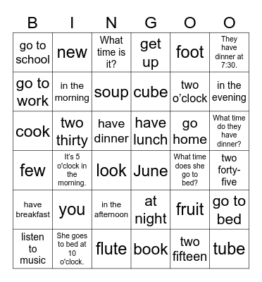 Unit 9: What time is it? Bingo Card