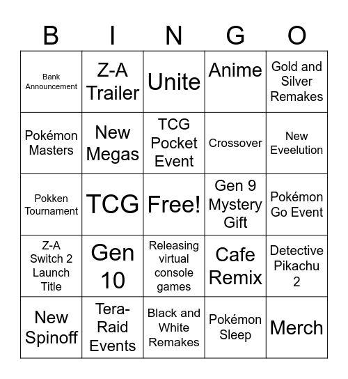 Pokemon Presents Bingo Card