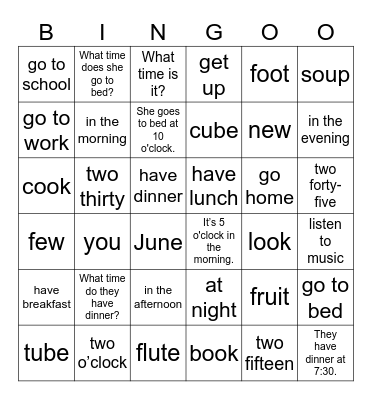 Unit 9: What time is it? Bingo Card