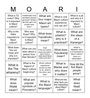 Maori Web Search Bingo! Bingo Card