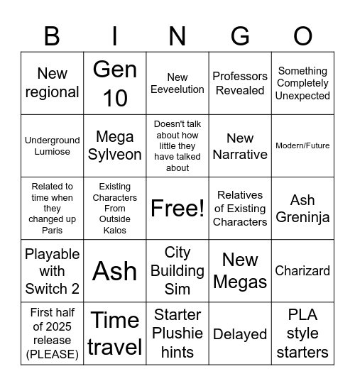 Pokemon Legends Z-A Pokemon Presents 2025 Bingo Card