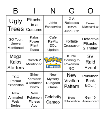 Pokémon Presents 2025 Bingo Card