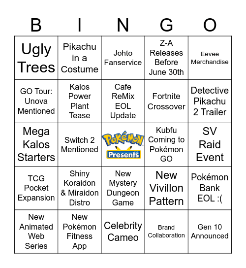 Pokémon Presents 2025 Bingo Card