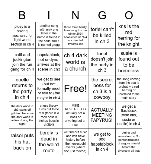 deltarune chapter 3 & 4 Bingo Card