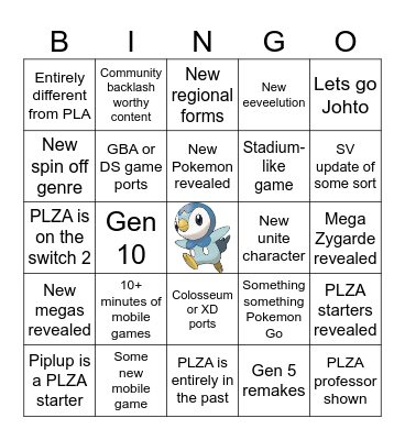 Pokemon Presents Bingo Card