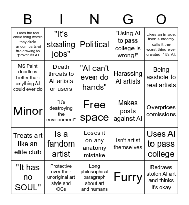 Unhinged anti-AI degenerate Bingo Card