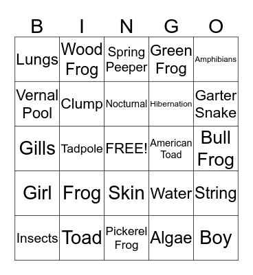 Frogs and Toads Bingo Card