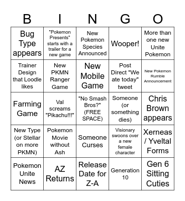 Pokemon Presents Bingo Card