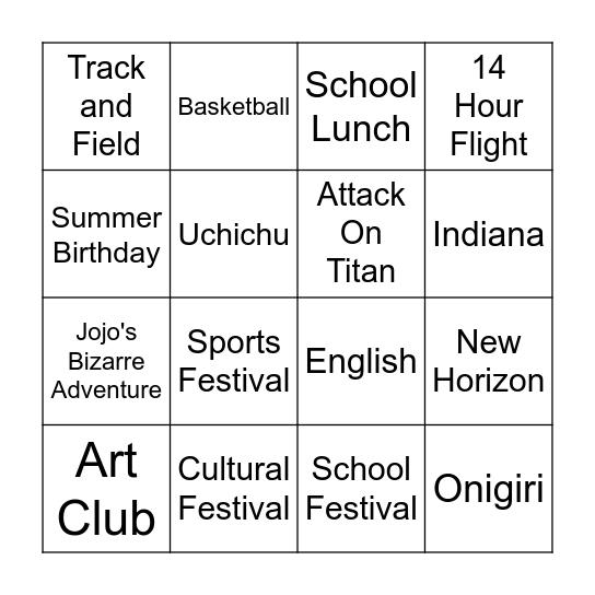 ショーンゴBingo Elementary School Bingo Card