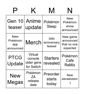 Pokémon Presents Predictions Bingo Card