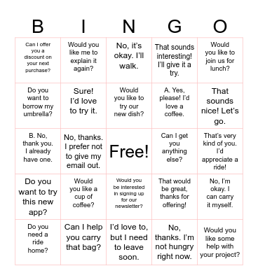 Making and accepting offers Bingo Card