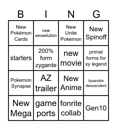 Pokemon Presents Bingo Card