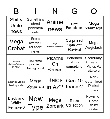 Pokemon Direct Bingo Card