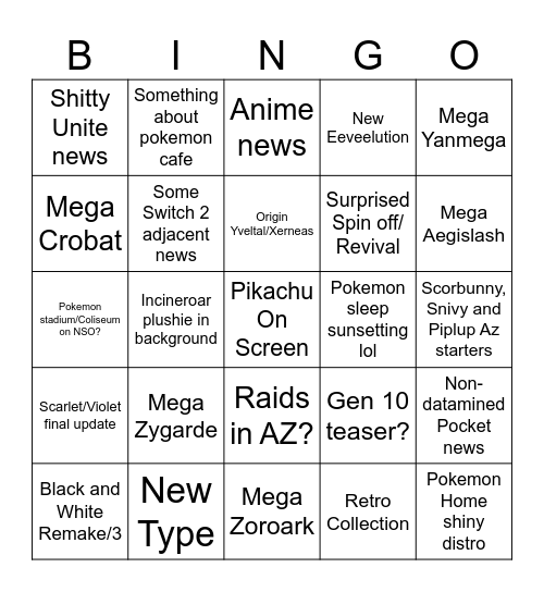 Pokemon Direct Bingo Card