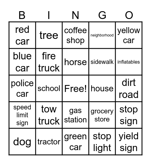 Car Ride Bingo Card