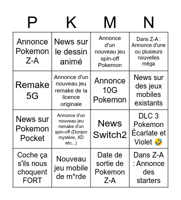 Bingo du Pokemon Presents du 27/02 Bingo Card