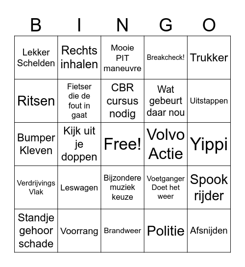 Dashcam Bingo Card