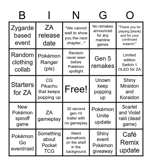 Pokémon Presents Bingo Card