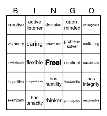 Leadership words Bingo Card