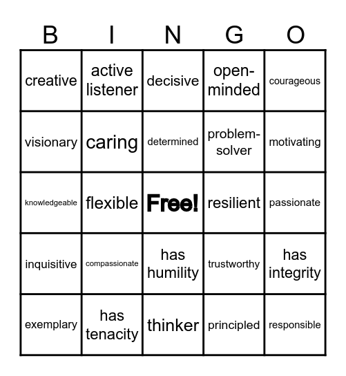 Leadership words Bingo Card