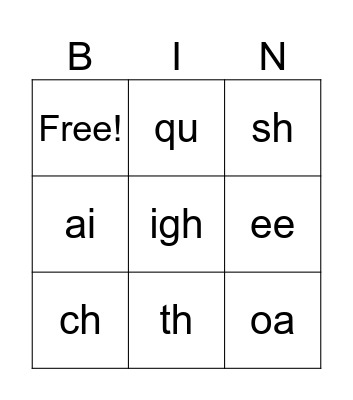 Phonics Bingo Card