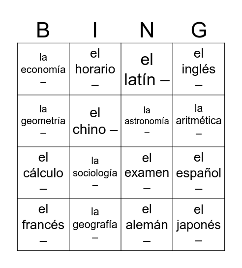 Vocabulario de clases Bingo Card