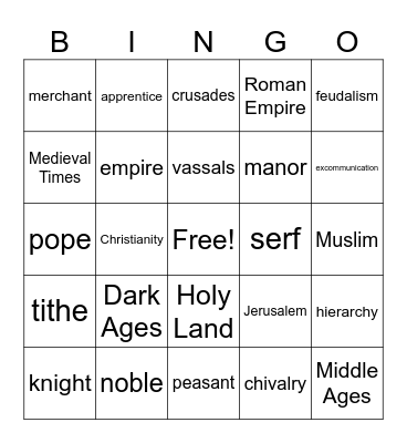 Crusades Vocabulary Bingo Card