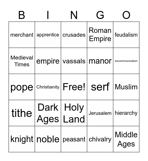 Crusades Vocabulary Bingo Card