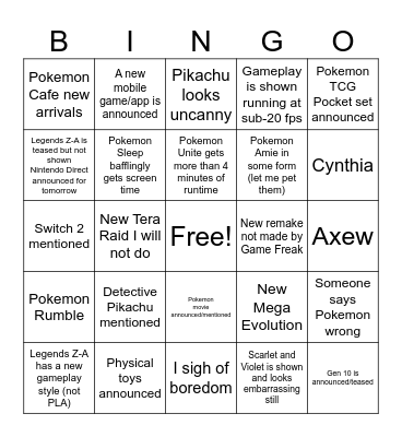 Katie's Pokemon Presents Bingo Card