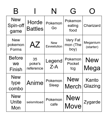 Pokemon Present Bingo Card