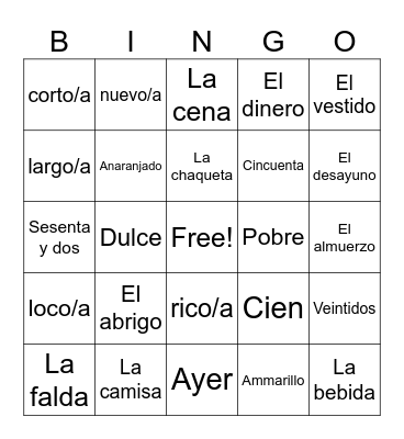 Spanish Bingo Card