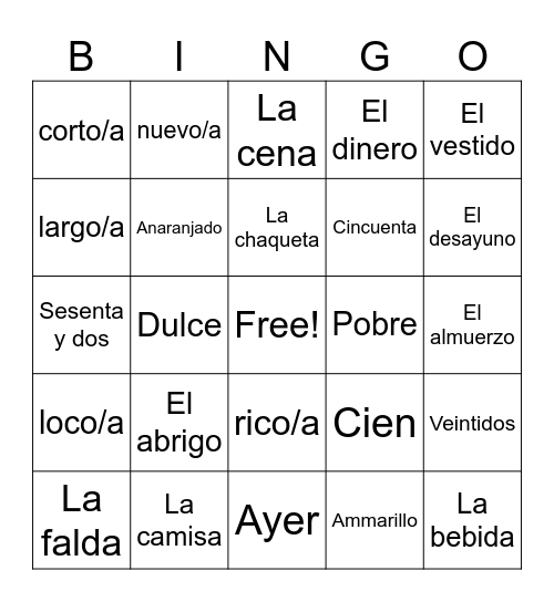 Spanish Bingo Card
