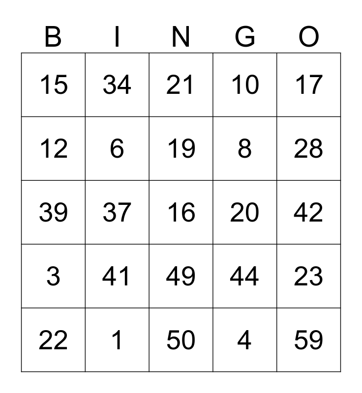 Numbers Bingo Card