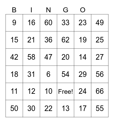 ASL Numbers 1-66 Bingo Card