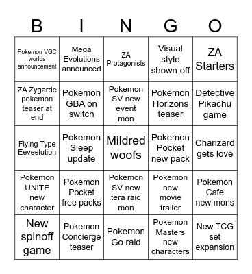 Pokemon Presents Bingo Card