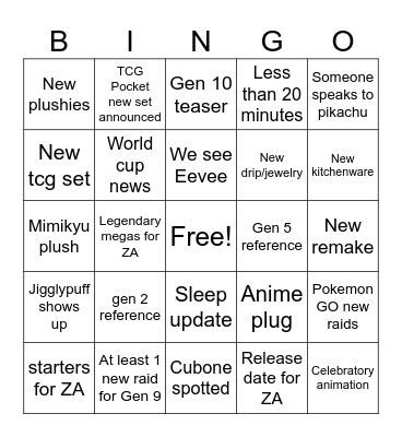 Pokemon Day Bingo Card