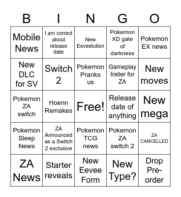 Pokemon Presents Bingo Card