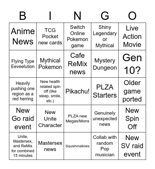 Pokemon Presents 2025 Bingo Card