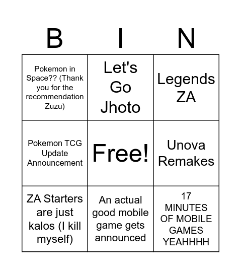 Pokemon Presents Bingo Card