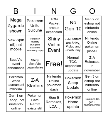 Pokemon Presents Bingo Card