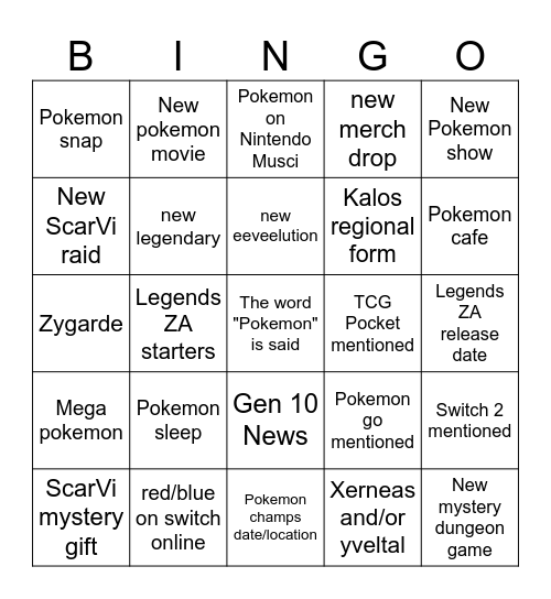 2025 Pokemon Presents Bingo Card
